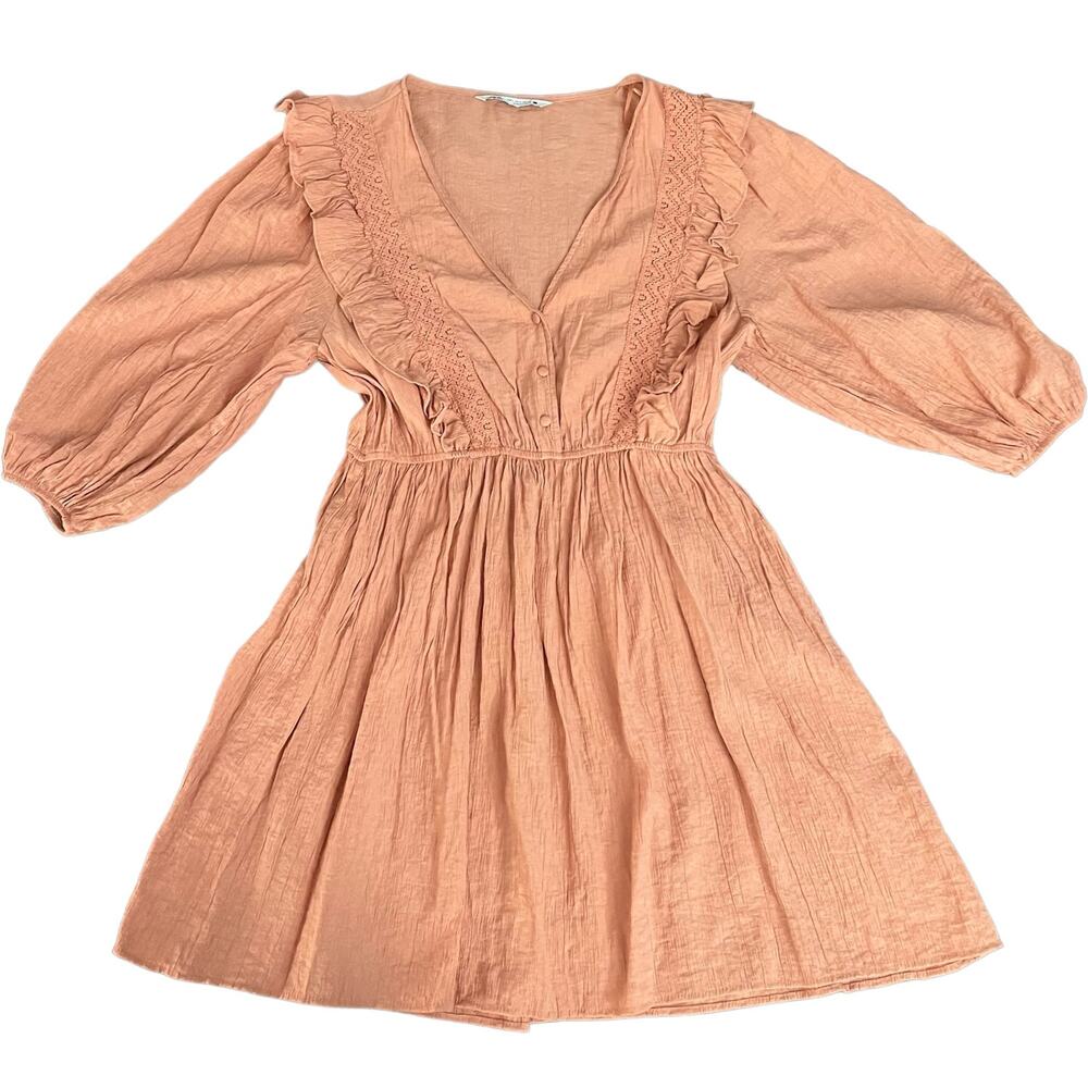 Zara Pink Peach Ruffled Button Down 3/4 Puff Sleeve Mini Dress Embroidered Large